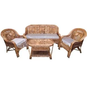 Cane Bamboo Sofa Set with Table (Brown)
