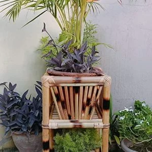 Cane & Bamboo Square Pots Stand, Planter Stand for Living Room Gardan Outdoor Balcony and Home Office Decor