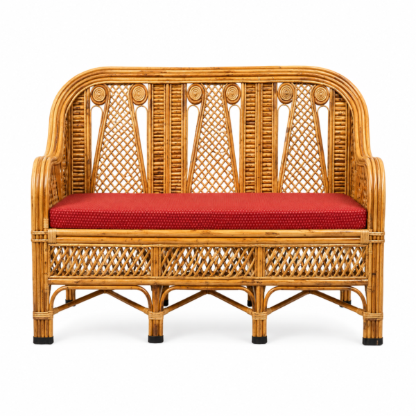 Wicker loveseat with red cushion