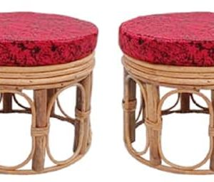 Bamboo Cane Small Round Stool with Cushion (Pack of 2) – Size: 28x33 cm