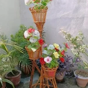 Cane Planter Flower Pot Stand for Home, Garden, Balcony, and Living Room (3 Pot Stand)