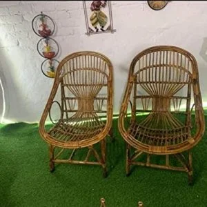 Bamboo Cane Lawn Chair, Outdoor Chair, Garden Chair,Living Room Chair with Cushion (Pack of 2)