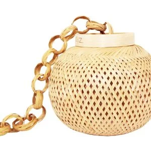 Handcrafted Bamboo Round Pendant Lamp Shade with Decorative Hanging Chain – Boho Ceiling Light for Dining Room, Cafe, & Bar (Wire Not Included)