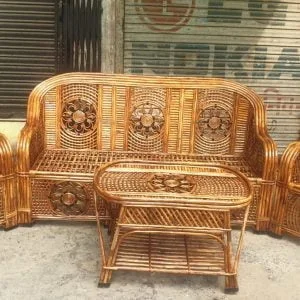 Cane Sofa Set with Table for Home, Living Room, Office, Garden, Resort with Cushion (flo)