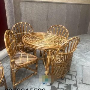 Elegant Cane Coffee Set with Triangle Chairs & Round Dining Table – Perfect for Compact Spaces