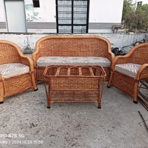 Cane Bamboo 3 Seater Sofa Set with Table for Home, Living Room, Office, Outdoor, Indoor, Garden, Resort with Cushion