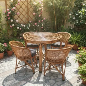 Cane Chair and Table Set (Set of 4) | Rattan Dining & Lawn Furniture for Indoor/Outdoor Use