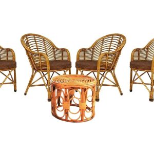 Bamboo Cane Chair and Table Set – Perfect for Living Room, Garden, Porch, Cafe, Restaurant, Indoor & Outdoor (4 Chairs + 1 Table)