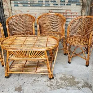 Bamboo Cane Chair Set of 4 with Table – Perfect for Living Room, Garden, Porch, Cafe, Restaurant, Indoor & Outdoor Use