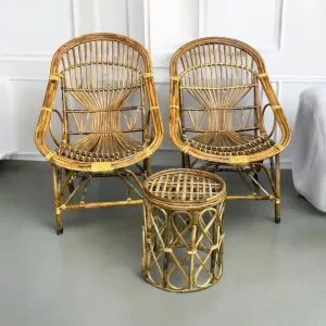 Bamboo Cane Lawn Chair Set | Balcony & Garden Chair with Small Table & Cushion – Indoor & Outdoor Seating (Set of 2)