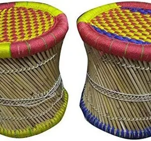 Bamboo Stool for Home, Garden, Living Room Furniture, Café, Restaurant, Balcony Décor | Indoor Outdoor Muddha Style Seating (pack of 2)