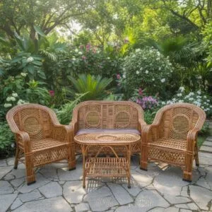 Bamboo Cane Living Room Sofa Set | 2-Seater + 2 Chairs + Table | Premium Cushion Seating