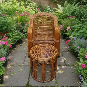 Natural Bamboo Cane Sofa Chair and Table Set for Balcony Seating & Living Room