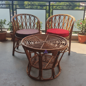 Bamboo Cane Chair Set for Balcony, Garden & Living Room | Pack of 2 Chairs + 1 Table